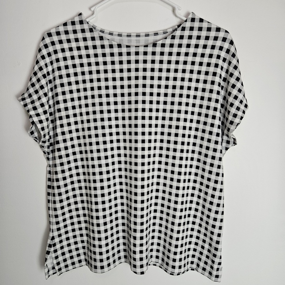 J. Jill Womens Tee Sz S PETITE White Black Gingham Check Luxe Supima Cap Sleeve